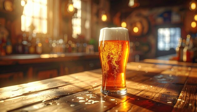 Glass of Amber Beer with Foam and Bubbles on a Wooden Bar Counter with Warm Sunlight Rays and Blurred Bar Background