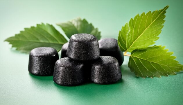 black gummies with leaves on green background