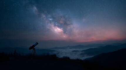 Fototapeta premium A silhouetted telescope stands on a hilltop observing the vibrant Milky Way galaxy amidst misty mountains at twilight