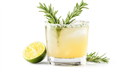Fototapeta premium Rosemary margarita or cocktail in a salt-rimmed glass with a fresh sprig and lime, isolated on white.