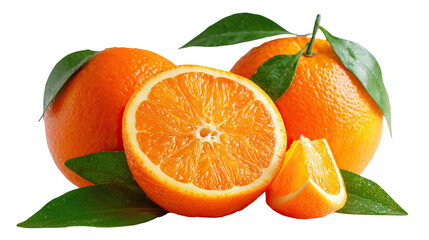 Whole and halved fresh oranges with leaves on transparent background