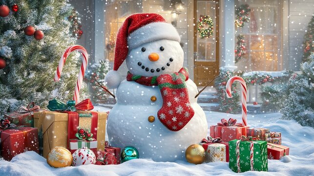 Christmas Snowman with Gifts in Snowy Yard