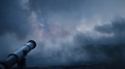 A telescope gazes at the starry night sky the Milky Way visible through atmospheric mist over a dark cloudy landscape