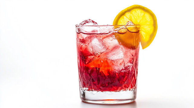 Vibrant sloe gin fizz in a rocks glass with ice and a lemon slice, isolated on a clean white background.