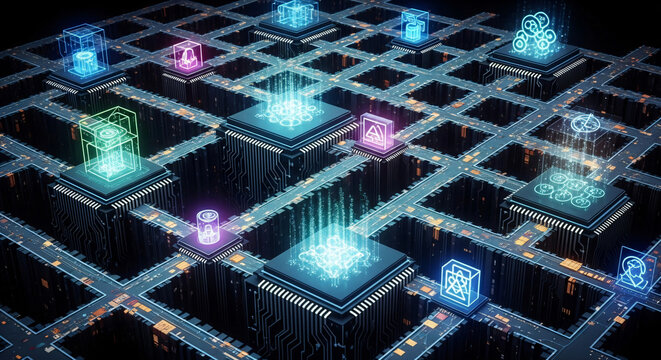 Futuristic abstract digital network with glowing circuits and data flow over intricate processors, representing advanced technology and connectivity
