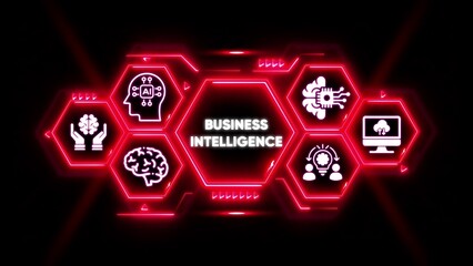 Neon Hexagon Network With Business Intelligence Icons And AI Brain artificial intelligence