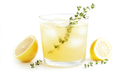 Fototapeta premium Refreshing thyme lemonade cocktail or mocktail with ice, garnished with a fresh herb sprig and surrounded by bright lemon halves.