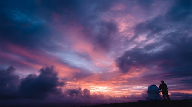 A silhouetted astronomer stands with a telescope dome under a vibrant colorful twilight sky watching the heavens