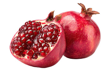 Whole pomegranate with open half showing ruby seeds on transparent background