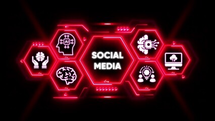 Neon Hexagon Network With Social Media Icons And AI Brain artificial intelligence technology
