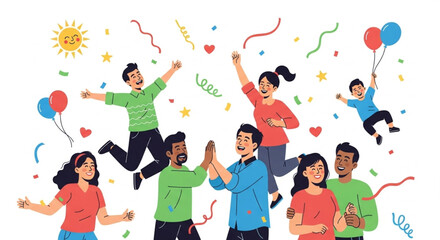 Happy diverse people celebrating together with confetti and balloons illustration