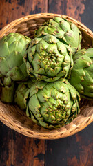 Fototapeta premium Fresh Artichoke Vegetables in Bamboo Dish on Wood Surface 