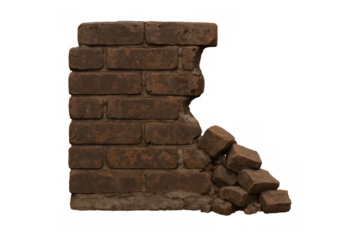 Broken brick wall crumbling, showing decay and demolition, with fallen rubble on transparent background