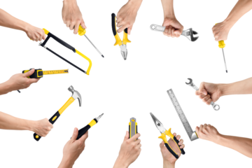 Multiple Hands Holding Tools in Circle on Transparent Background PNG