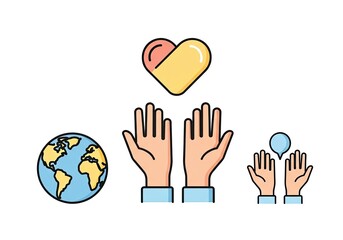 Obraz premium Show your support for global unity with hands reaching for a heart and a world globe, promoting love, care, and communication for a brighter future