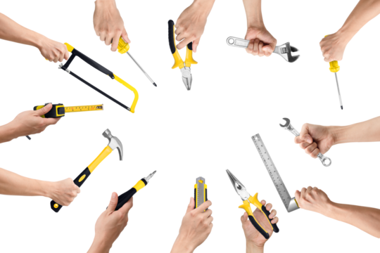 Multiple Hands Holding Tools in Circle on Transparent Background PNG