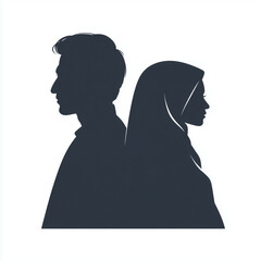 Silhouette of a man and woman back to back with the woman wearing a hijab in a simple vector graphic