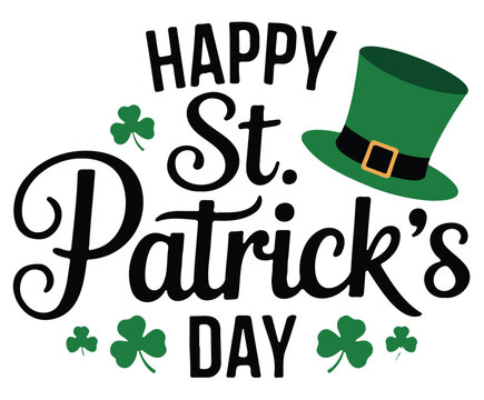 Happy St Patricks Day vector design with green hat and shamrocks for greeting cards and holiday designs