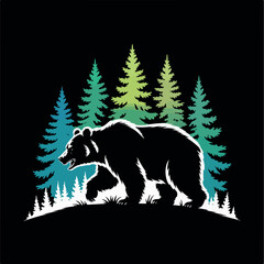 Wild animal silhouettes: a wolf and bear in the forest, illustrating mammal and nature's wildlife in black white vector drawings