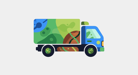 Colorful Delivery Truck with Abstract Scientific Art Illustration.
