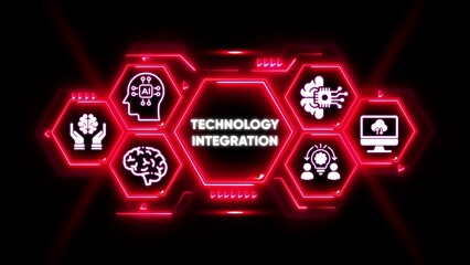 Technology Integration Hexagon Icons with AI and Brains Neon Red artificial intelligence mind