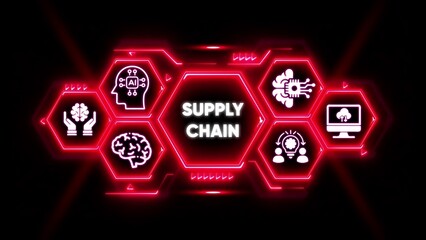 Supply Chain Concept with AI and Brain Icons in Neon Hexagons artificial intelligence technology