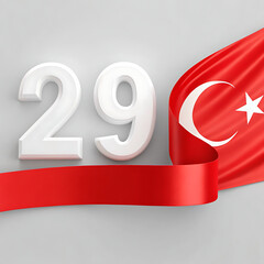 A beautiful and unique graphic design of Turkey national day, bold red 29, EKIM, stars, ribbon icon, Turkish flag, on white background.