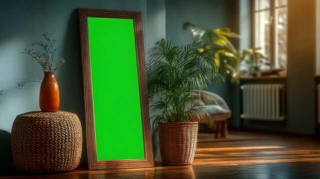 Stylish room with green screen mirror for easy personalization, a modern interior design element for home decor videos and lifestyle content