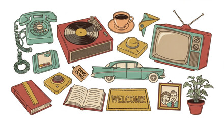 Retro home objects flat-lay illustration with vintage telephone, television, car and coffee cup