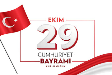 A beautiful and unique graphic design of Turkey national day, bold red 29, EKIM, stars, ribbon icon, Turkish flag, on white background.