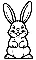 Cartoon rabbit illustration, front-facing black line drawing with big ears, smiling face, raised paws, and clean white background