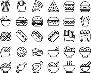 Fast Food Outline Icons, Street Food, Burger, Pizza, Fries, and Snacks for Restaurant Menus, Mobile Apps, and Web Design
