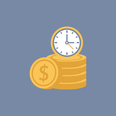 Clock rests on stack of gold coins, symbolizing time is money in financial planning and investment, on a light blue surface.