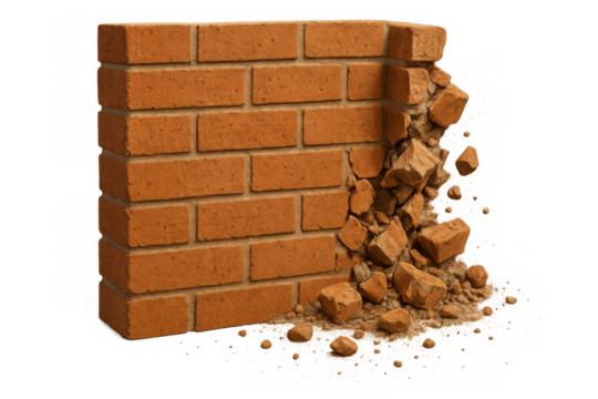 Brick wall crumbling and collapsing, showing structural damage, destruction, and renovation with falling debris on transparent background