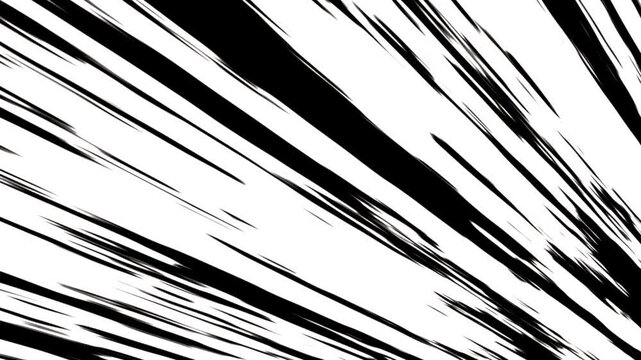 Fast-moving white anime-style speed lines on a black background, creating a clean and powerful motion effect. Perfect for action scenes, transitions, or dramatic moments, 4K video.