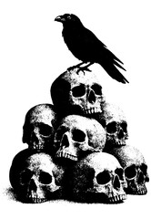 Fototapeta premium Crow on skulls pyramid, retro xerography halftone engraving black and white gothic dark art isolated on transparent background