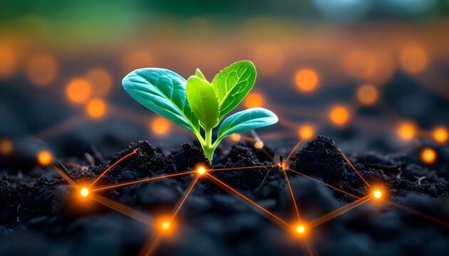 A vibrant green seedling emerges from dark soil, surrounded by an illuminated digital network of glowing orange connections, symbolizing growth and technological integration. - Powered by Adobe
