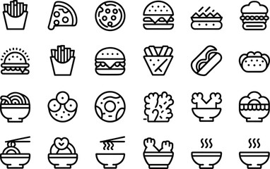 Modern Fast Food and Street Snacks Outline Icon Collection, featuring Burgers, Hot Dogs, Pizza, Fries, and Soup for App and Web UI Design