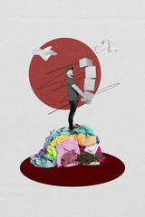 Collage showing womam man over washing machine with laundry around symbolizing chaos rush in household cleaning