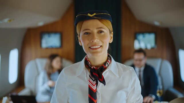 Portrait of a beautiful stewardess smiling at the camera inside a luxury private jet, with business passengers seated in the background during a first-class charter flight
