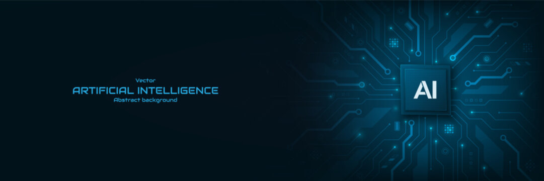 AI, Artificial intelligence logo chipset on circuit board of futuristic technology background. Machine learning, bigdata, and LLM, Vector illustration for banner and web template.