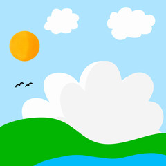 Obraz premium Simple Cartoon Sunny Day Landscape with Clouds