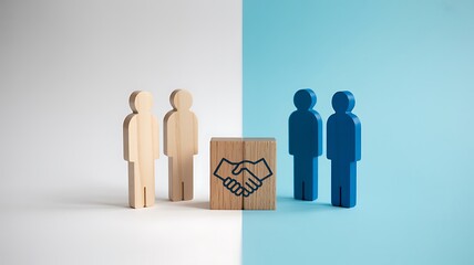 Wooden figures represent a handshake deal, signifying partnership and agreement.