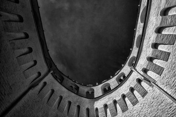 Dramatic Low-Angle View of Castle Tower Interior