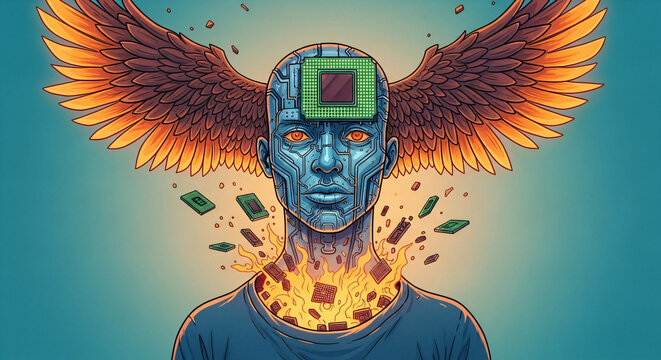 Futuristic AI angel with glowing eyes and CPU head embodies digital transformation and advanced technology, symbolizing innovation and evolution.