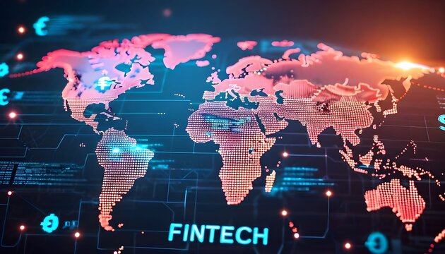 A glowing digital world map representing the global financial technology (Fintech) network with currency symbols.
