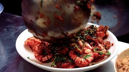 Garlic shrimp stir fry — fresh shrimp cooked in sizzling garlic sauce by the chef in a restaurant kitchen. The shrimp are tossed with vegetables and plated beautifully in Asian fine dining style. - Powered by Adobe