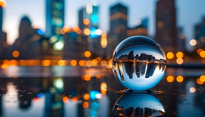 A crystal ball on a wet surface reflecting an inverted city skyline with colorful bokeh lights in the background.