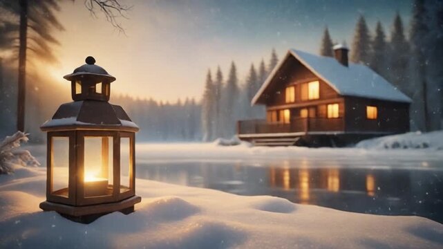 Warm Lantern Light by a Snowy Lake Cabin at Sunrise | Cozy Winter Morning Loopwinter cabin, cozy cabin, snow landscape, lantern light, frozen lake, sunrise reflection, golden morning, warm light, peac