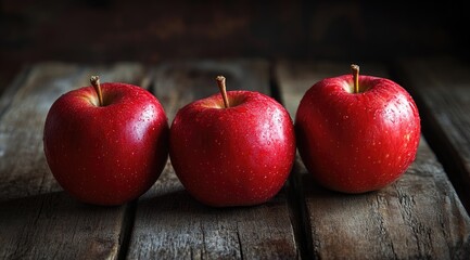 Three red apples on rustic wood (3)